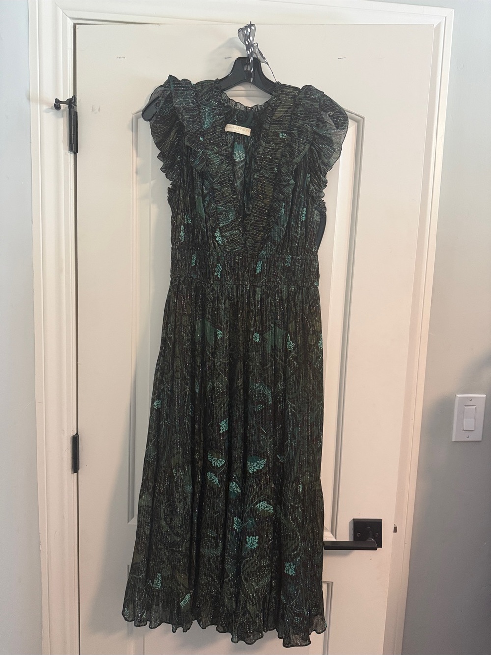 Ulla Johnson Dark Green Printed Maxi Dress with Ruffles
